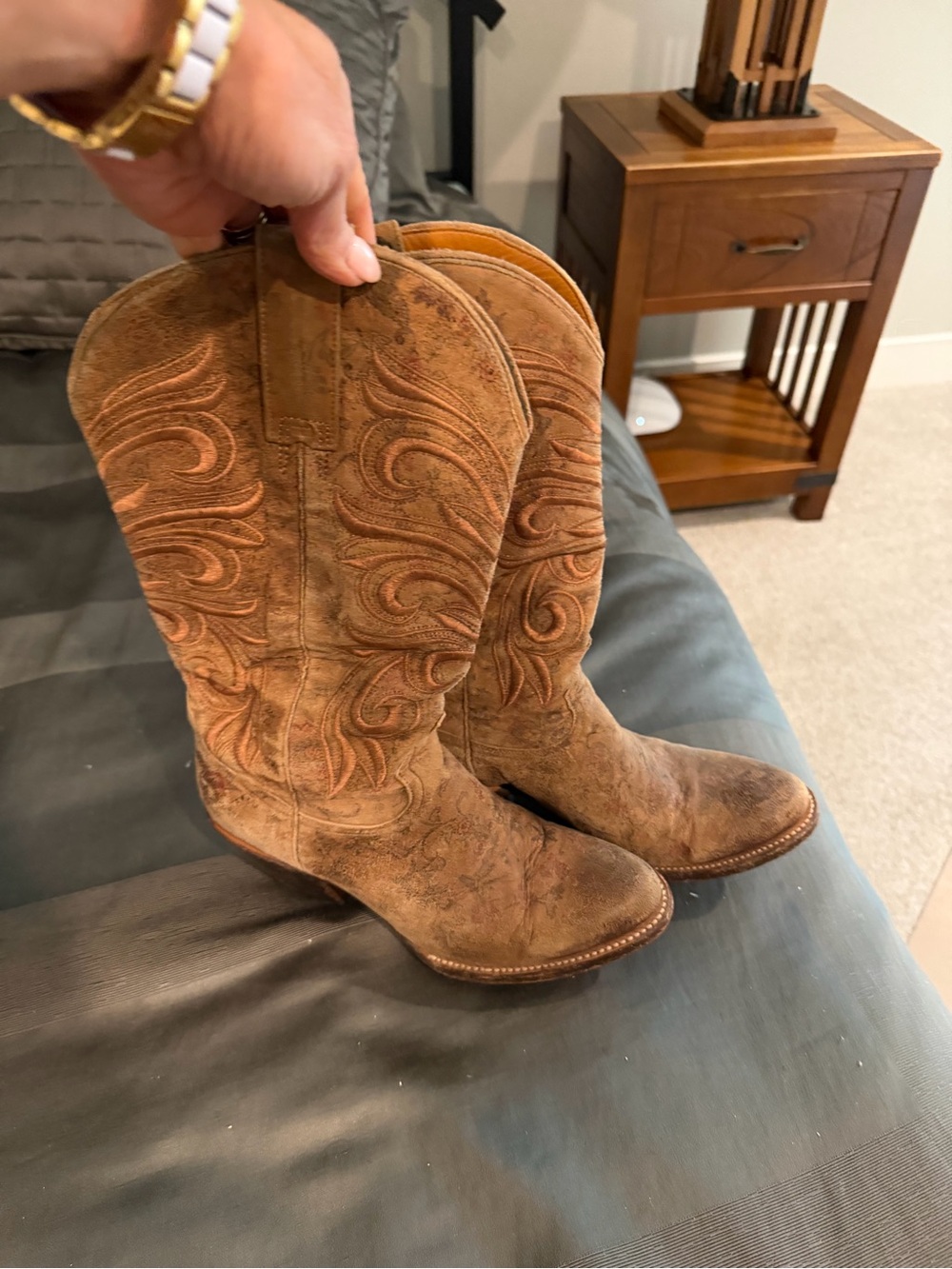 Womens Brown Embroidered Suede Cowboy Boots
